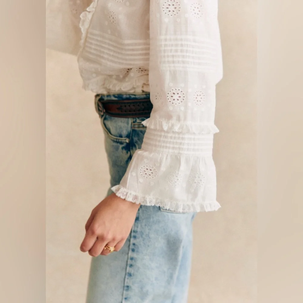 Sezane White Eyelet Ruffle Wrap Blouse - Picture 3 of 8